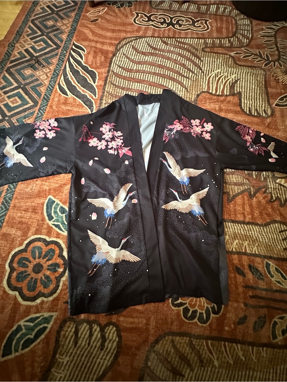 Black Floral Crane Open-Front Kimono Shrug